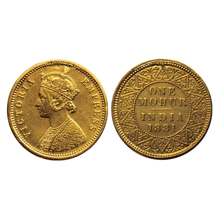 Victoria Empress, Gold Mohur, 1881, (Two flower type & V in relief), Ex mount. F.Prid. 18.