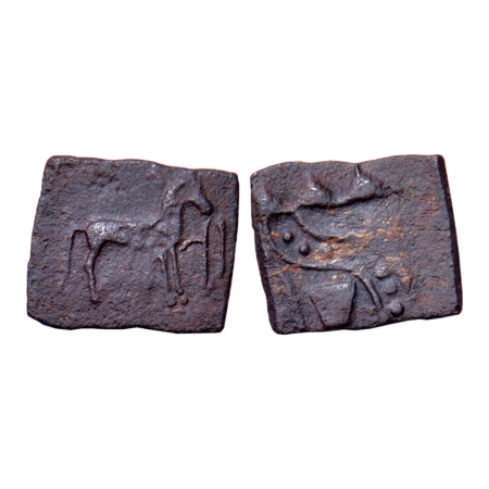 Sangam Age, Malayamans Kingdom, Copper Unit, 3.21gm, Obv: Horse standing facing right, fro