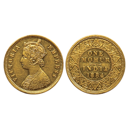 Victoria Empress, Gold Mohur, 1884, (Two flower type & V in relief). F.Prid. 20. Very Fine