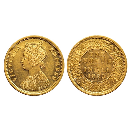 Victoria Empress, Gold Mohur, 1885, (Two flower type & V in relief). F.Prid. 21. Very Fine