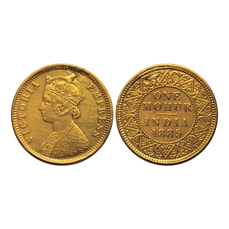 Victoria Empress, Gold Mohur, 1885, (Two flower type & V in relief), Ex mount. F.Prid. 21.