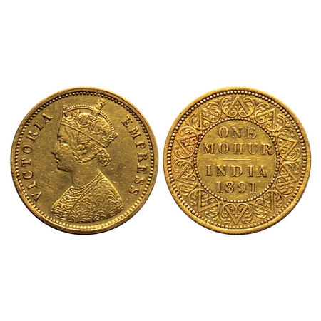 Victoria Empress, Gold Mohur, 1891, (Two flower type & V in relief). F.Prid. 24. Very Fine