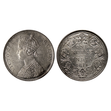 Victoria Queen, Silver Rupee, 1876, Bombay Mint, A2 / II, Bead, crecent mark on shoulder. 
