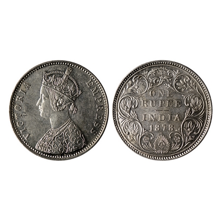 Victoria Empress, Silver Rupee, 1878, Bombay Mint, A3 / II, Bead, 'V' and crecent mark on 