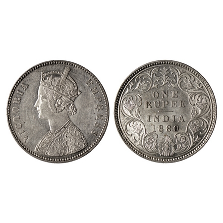 Victoria Empress, Silver Rupee, 1880, Calcutta Mint, A1 / I, 'V' and crecent mark on shoul