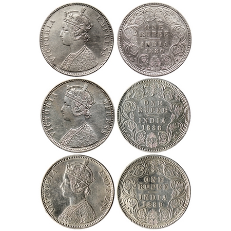 Victoria Empress, Silver Rupees (3 Coins), 1880/Calcutta A1/I, 'C' incuse, 1888/Bombay C2/