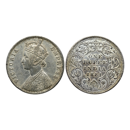 Victoria Empress, Silver Rupee, 1881, Bombay Mint, A3 / II, Bead, 'V' and crecent mark on 