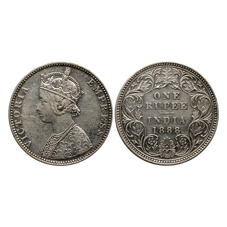 Victoria Empress, Silver Rupee, 1888, Bombay Mint, C2 / I, 'B' raised on top. F.Prid. 174.