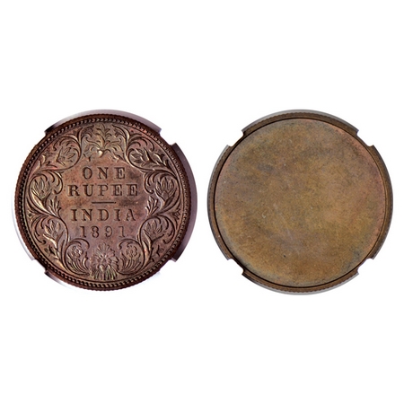 Victoria Empress, Proof Specimen Copper Rupee Uniface Reverse Trail, 1891, Bombay Mint, F.