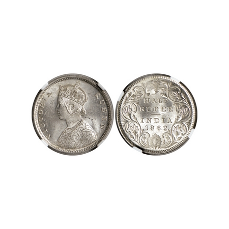 Victoria Queen, Silver ½ Rupee, 1862, Calcutta Mint, C / II, Round pearls with raised vein