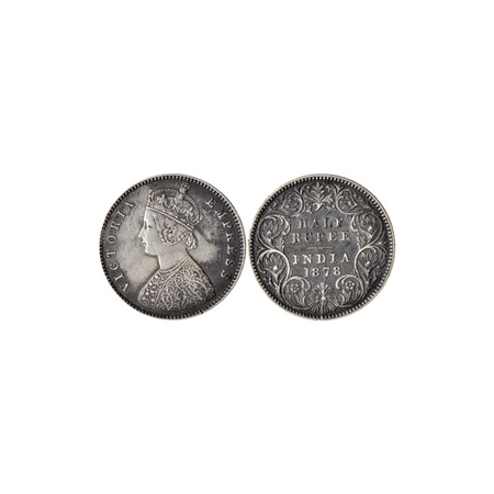 Victoria Empress, Silver ½ Rupee, 1878, Calcutta Mint, A / I, no mint mark, with die crack