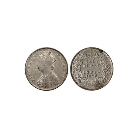 Victoria Empress, Silver ½ Rupee, 1893, Calcutta Mint, A / I, C incuse at bottom. F.Prid. 