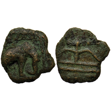 Sangam Age, Chera, Copper Unit, 4.90gm, Obv: Elephant walking to right front of wheel stan
