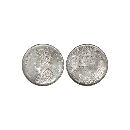 Victoria Queen, Silver 2 Annas, 1862, Calcutta Mint (15.33mm), A / I, bottom flower centre