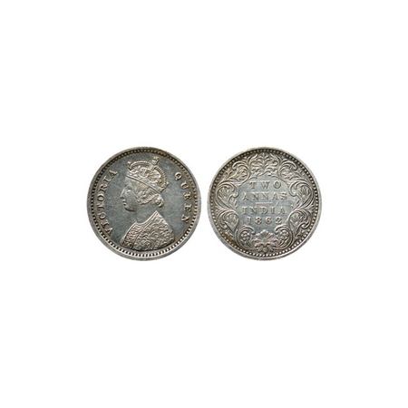Victoria Queen, Silver 2 Annas, 1862, Bombay Mint, A / I, 15.8mm, No mint mark. F.Prid. 48