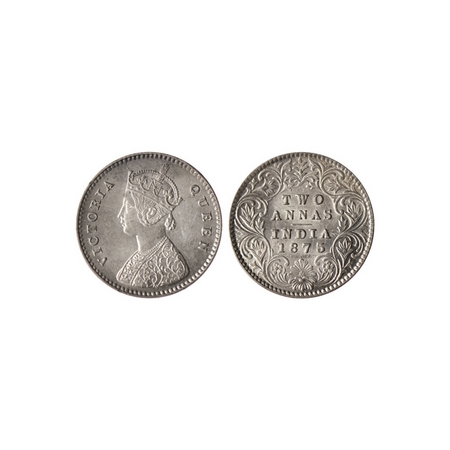Victoria Queen, Silver 2 Annas, 1875, Calcutta Mint, A / I (15.28mm), with ghost impressio