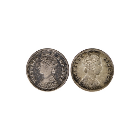 Victoria Empress, Silver 2 Annas, Obverse Brokage / lakhi impression. F.Prid. Unlisted. Ve