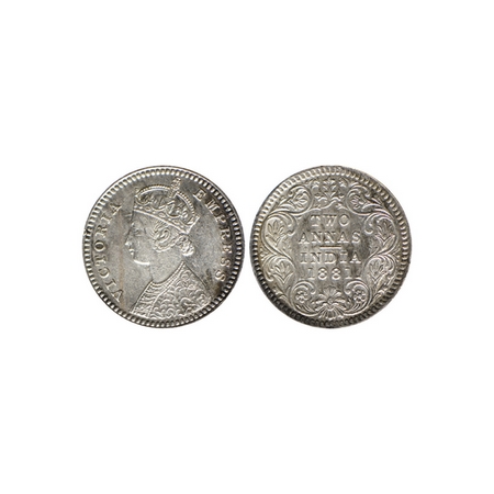 Victoria Empress, Silver 2 Annas, 1881, Calcutta Mint, B / II, C incuse at bottom. F.Prid.