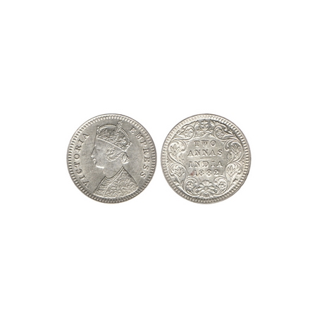 Victoria Empress, Silver 2 Annas, 1882, Calcutta Mint, B / II, C incuse at bottom. F.Prid.