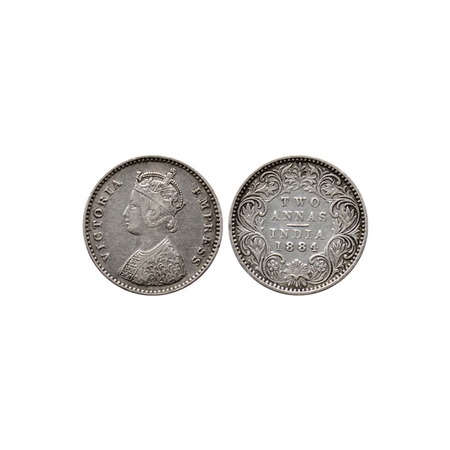 Victoria Empress, Silver 2 Annas, 1884, Bombay Mint, A / I, No mint mark. F.Prid. 531. Ver