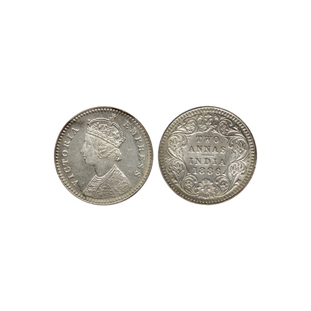 Victoria Empress, Silver 2 Annas, 1886, Calcutta Mint, B / II, C incuse at bottom, Ghost i