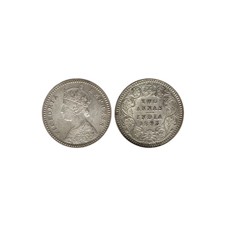 Victoria Empress, Silver 2 Annas, 1893, Calcutta Mint, B / II, C incuse at bottom. F.Prid.