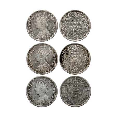 Victoria Empress, Silver 2 Annas (3 coins), 1894, Bombay Mint, B / II / B incuse, 1896, Bo