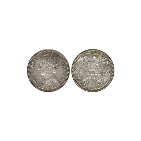 Victoria Empress, Silver 2 Annas, 1897, Calcutta Mint, B / II, C incuse at bottom. F.Prid.