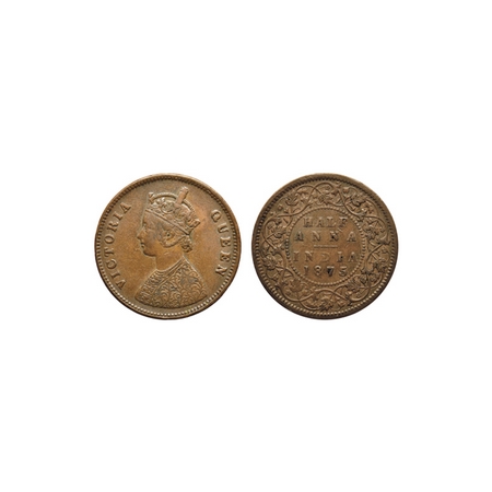 Victoria Queen, Copper 1/2 Anna, 1875, Calcutta Mint, F. Prid 583. About Extremely Fine, V