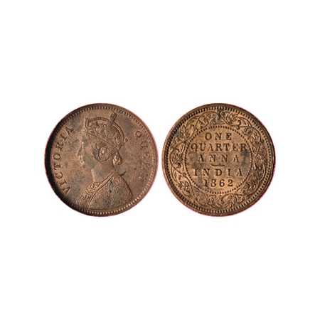 Victoria Queen, Copper Quarter Anna, 1862, Bust A, Rev Type I, Calcutta Mint. F.Prid. 601.