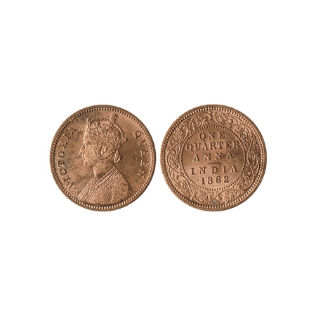Victoria Queen, Copper Quarter Anna, 1862, Bust A, Rev Type I, 25.37 mm, Madras Mint. F.Pr