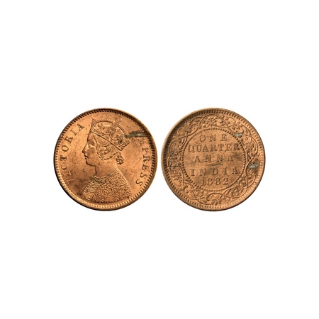 Victoria Empress, Copper Quarter Anna, 1882, Type II, Calcutta Mint. F.Prid. 615. About Un