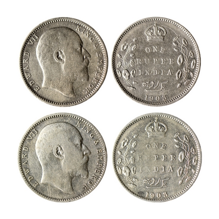 Edward VII, Silver Rupee (2 Coins), 1903 (Bom) B raised, 1903 (Bom) B incuse and dot on st
