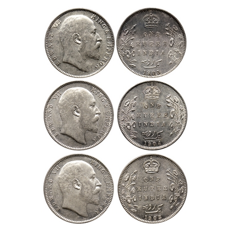 Edward VII, Silver Rupee (3 Coins), 1903, 1904, 1905, Bombay Mint. F.Prid. 199, 200, 201. 