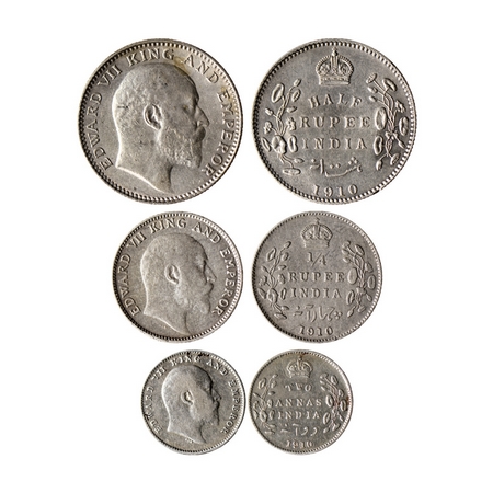 Edward VII, Silver (3 Coins), 1910, ½ Rupee (Cal), ¼ Rupee & 2 Annas (Bom) with dot on ste