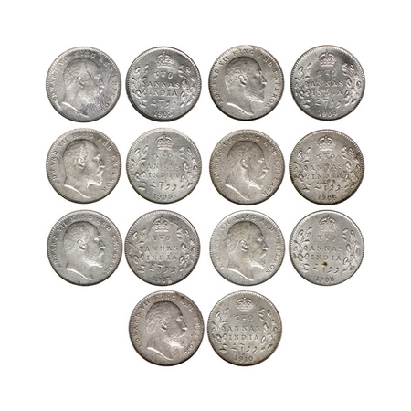 Edward VII, , Silver 2 Annas (7 Coins), 1903, 1904, 1905, 1906, 1907, 1908, 1910, Calcutta