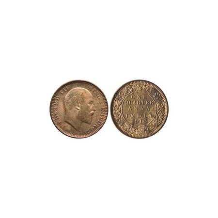 Edward VII, Bronze Quarter Anna, 1910, Calcutta Mint. F.Prid. 655. Uncirculated, Scarce.