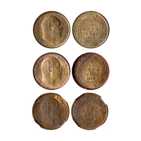 Edward VII, Bronze 1/12 Anna (3 Coins), 1907, 1909 (NGS Slabbed MS 63), 1910 (NGS Slabbed 