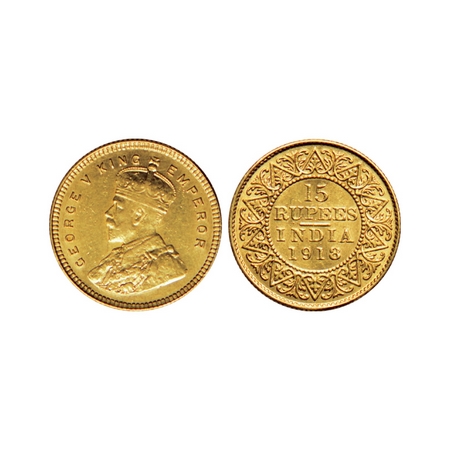 George V, Gold 15 Rupees, 1918, Bombay Mint. KM 525. Very Fine +, Rare.