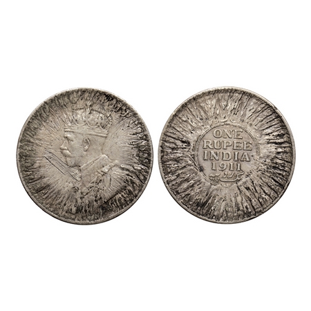 George V, Silver Rupee, 1911, Mint unseen. Error, Sunburst striking. Very Fine, Rare.