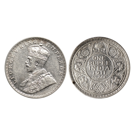 George V, Silver Rupee, 1911, Bombay Mint. Pig Elephant type on the collar of the Most Emi
