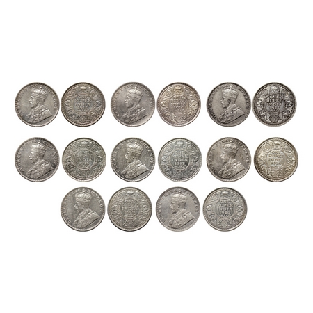 George V, Silver Rupee (8 Coins), 1913 (Bom), 1914 (Cal), 1915 (Cal), 1916 (Bom), 1917 (Bo
