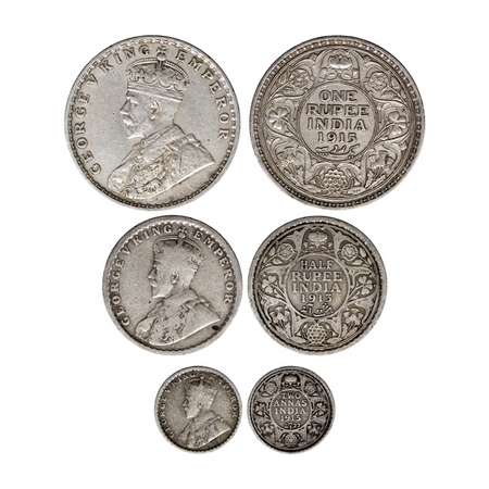 George V, Silver Rupee & ½ Rupee Calcutta Mint, & 2 Annas, Bombay Mint (3 Coins), 1915. F.