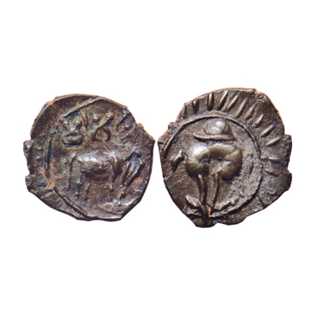 Pallavas of Kanchi, Potin Unit, 0.95gm, Obv: Bull facing to right above crude Brahmi legen
