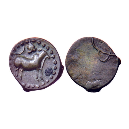 Pallavas of Kanchi, Potin Unit, 1.76gm, Obv: Bull standing facing to right above crescent 