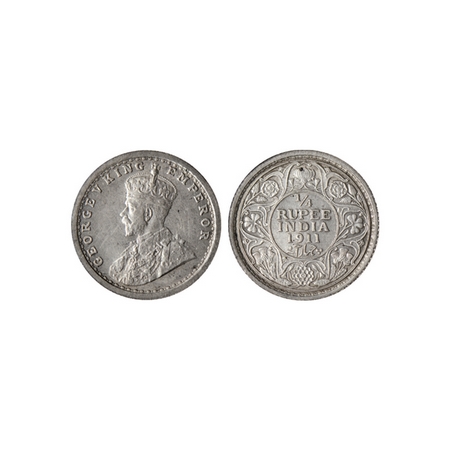 George V, Silver ¼ Rupee, 1911, Calcutta Mint. Pig elephant type on the collar of the Most