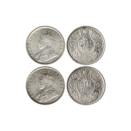 George V, Silver ¼ Rupee (2 Coins), 1918 / 1919, Calcutta Mint. F.Prid 447, 448. About Unc