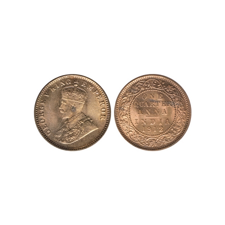 George V, Bronze Quarter Anna, 1912, Calcutta Mint. F.Prid. 658. Uncirculated, Very Rare.