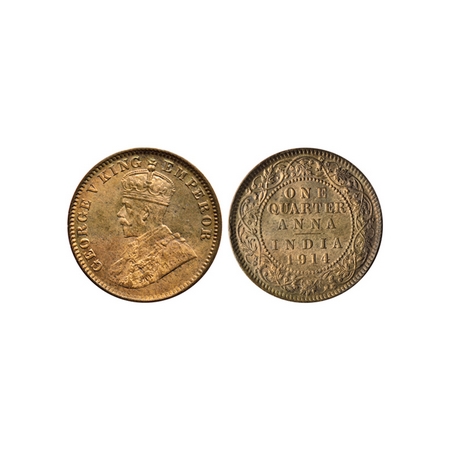 George V, Bronze Quarter Anna, 1914, Calcutta Mint. F.Prid. 660. Uncirculated, Scarce.