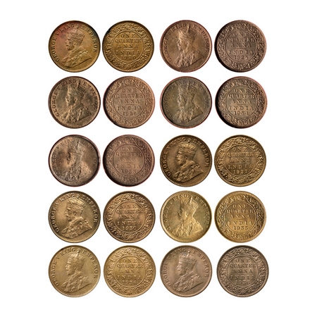 George V, Bronze Quarter Anna (10 Coins), 1920 Cal, 1925 Bom (NGS Slabbed MS 60), 1926 Bom